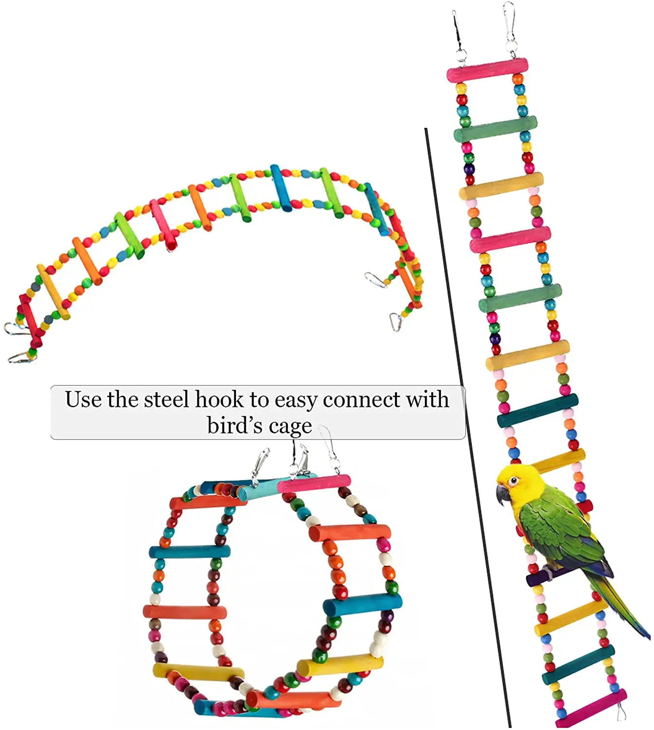 Colorful Bird Ladder Toys For Parrot Pet Swings Chew Hanging Bridge Wooden Rainbow Cage Training Accessories