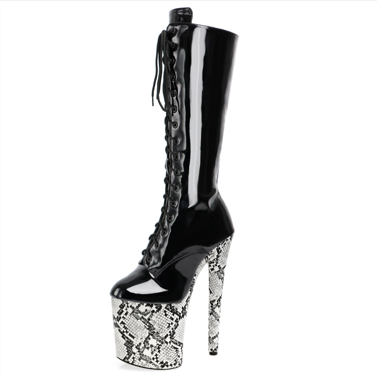 Pole Dance Shoes Exotic Dancer 20cm Platform Thigh High Boots Snake Print  Lace up Black 8Inch High Heels Big Size Cross Dressing