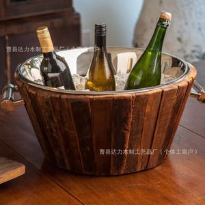 Cubo de hielo de madera de acacia redondo con asa para enfriar bebidas en fiestas - Product Image 3