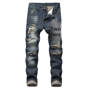 Jeans de algodón para <span class=keywords><strong>hombre</strong></span>, de corte recto y ajustado, con lavado desgastado y múltiples rotos, estilo norteamericano, transfronterizos - Product Image 4