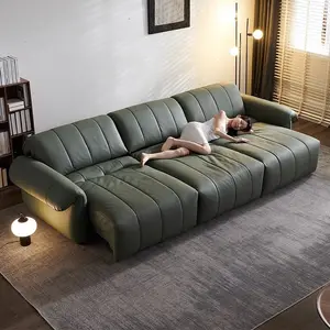İtalyan Modern recliner çok fonksiyonlu çekyat geri çekilebilir yeşil deri oturma odası kanepeleri