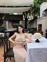 Ensemble jupe et haut en mousseline rose à volants et manches courtes volantées, style français, en crochet, taille naturelle, pour le loisir, collection Printemps 2026