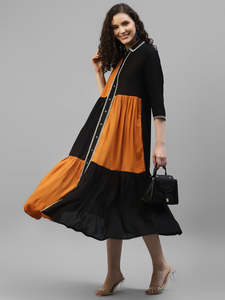 Robe chemise en rayonne tissée bicolore moutarde et noir pour femme, col à revers, manches 3/4, longueur midi, style western - Product Image 1