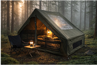 Tente gonflable double couche noire durable de 6,3 m², toit plat, porte unique, grand hublot, imperméable, ouverture automatique, camping quatre saisons