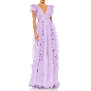 Women's Elegant Chiffon Evening Dress Solid Color Pleated Ruffle Sleeveless Backless Sexy Women Luxury Ball Gown