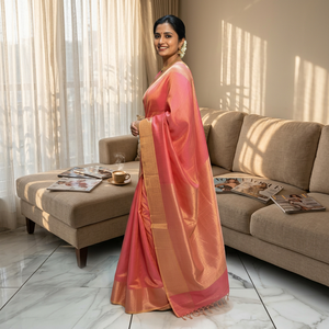 Sari de Seda Sofisticado en Color Rosa Coral |   Ropa Tradicional Premium para Mujer de Secado Rápido, Origen Maharashtra, para Invierno/Verano - Product Image 6