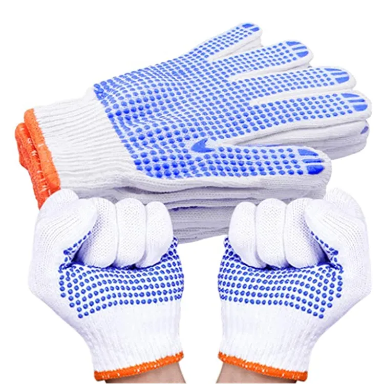 Ucuz ağartılmış polyester pamuk iplik örme iplikler tek taraflı mavi polka dot palm el güvenlik çalışma Pvc noktalı eldiven