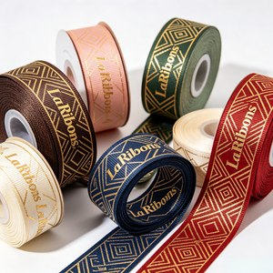 Geometric Gold Printed Logo Grosgrain <b>Ribbon</b> Polyester Luxury Gift Flower Packaging Wholesale Roll - Product Image 1