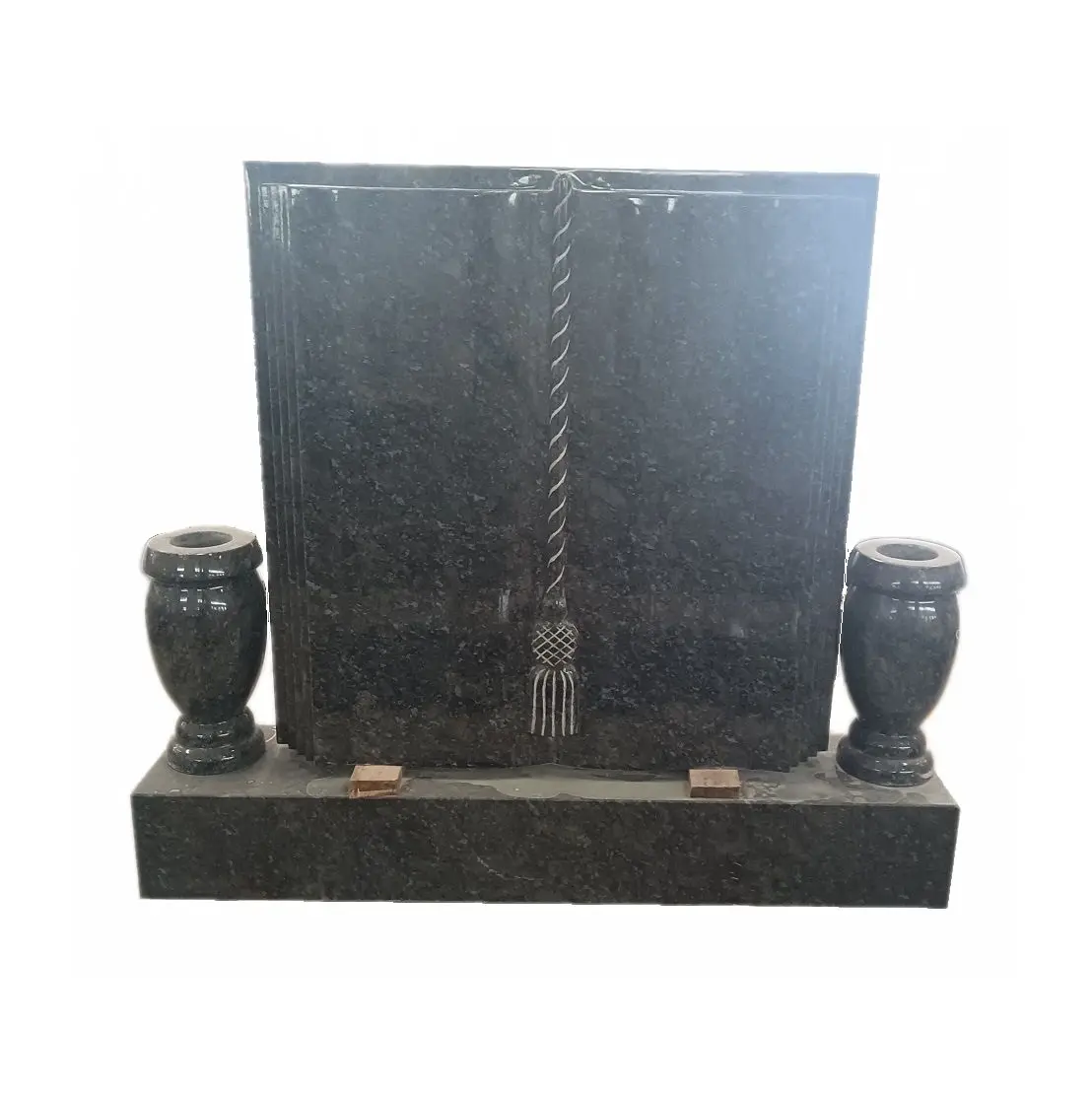 Granite Stone American Style Carved Single Upright Open Book Memorial Headstone With Vases