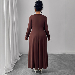 BR6084 Nuova Collezione Gonna Lunga da Donna <span class=keywords><strong>Taglie</strong></span> <span class=keywords><strong>Forti</strong></span> in Raso Color Caffè con Maniche a Sbuffo, Vita Alta e Colletto Alto - Product Image 4