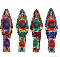 Robe Longue Africaine Décontractée en Coton à Manches Courtes Ample pour Femme Imprimé Motif avec Ensemble Foulard et Boubou Orné de Diamants