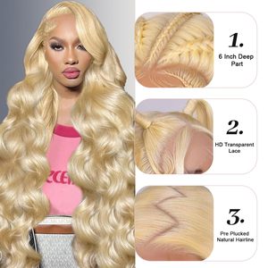 30 pulgadas Raw Virgin Body Wave 613 <span class=keywords><strong>Rubio</strong></span> Glueless Full Hd encaje frontal recto pelucas de cabello humano con cabello de bebé - Product Image 2