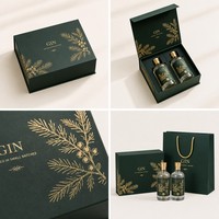 Boîte cadeau double gin personnalisée, boîte rigide vert émeraude avec feuille d'ormeau dorée, emballage pour deux bouteilles de gin