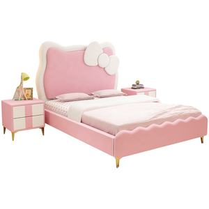 Katze Kopfteil Kinder betten Möbel Queen-Size-Einzel holzbett Hallo <span class=keywords><strong>Kitty</strong></span> Rahmen bett für Mädchen Rosa Leder - Product Image 2