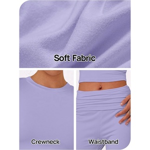 OEM personnalisable 100% lin nouveauté femmes été 2 pièces ensembles respirant Yoga évasé pantalon à manches courtes culture tricot - Product Image 6