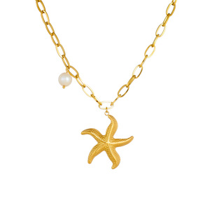 Gold Plated Starfish Pendant Necklace With Pearl Stainless Steel Chain Ocean Theme Fashion Jewelry Gift - Product Image 5