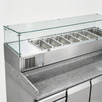 Table de préparation réfrigérée pour salades de restaurant, plan de travail en granit, réfrigérateur pour sandwichs et pizzas avec protection anti-éclaboussures en verre
