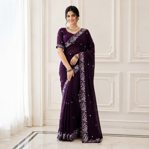 Sari de Seda Morado Elegante de AARA Fashion, Bordado Floral, Protección Solar, para Todas las Estaciones, Largo hasta el Suelo, Corte Regular, para Mujer, India - Product Image 1