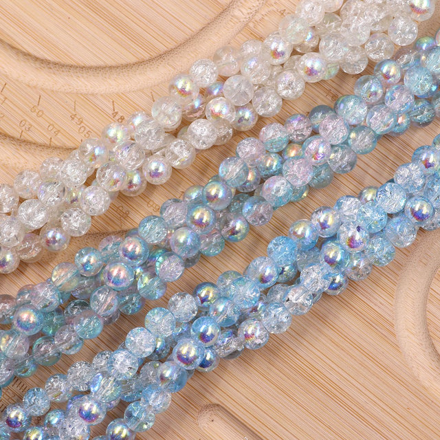 Blue/White/Pink 6mm Aurora Coated Crackle Glass Round Beads, Transparent Rainbow Plated Loose Beads for Summer Jewelry Making