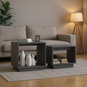 Tavolino da Caffè Piccolo Impilabile in Legno di Pino Grigio, Arredamento Moderno Minimalista per Soggiorno - Product Image 2