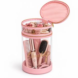 Clear PVC Round <b>Cosmetic</b> Organizer Bag With Two Compartments Large Space Hair Tool Storage <b>Case</b> For Professional Makeup Artists - Product Image 3