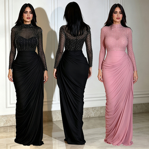 CX7793 Mock Neck Rhinestone Mesh <strong>Long</strong> <strong>Sleeve</strong> Evening Gown Draped Ruched <strong>Bodycon</strong> Maxi <strong>Dress</strong> Dubai Arabic Party Formal <strong>Dress</strong> - Product Image 1