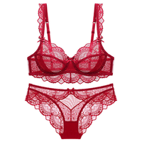 Ensemble de lingerie sexy grande taille en dentelle ultra-fine, sans éponge, entièrement transparent, avec soutien-gorge anti-affaissement et effet push-up, style français populaire Pure Desire