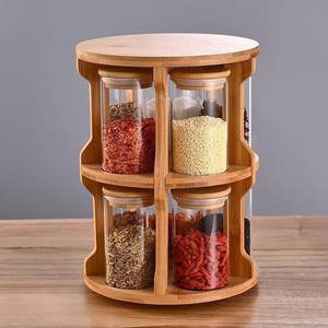 Bamboo Glass Spice <b>Storage</b> <b>Jars</b> With Rotating Shelf <b>For</b> <b>Kitchen</b> Seasoning Rack Round Minimalist Design - Product Image 1