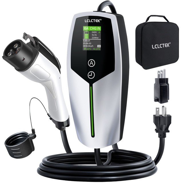 LCLCTEK Portable J1772 EV Charger Level 2 NEMA 5-15P & 6 -20P Adjustable Electric Car Charger 3.84KW EV Charging Station