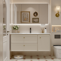 Nouvel ensemble de meubles de salle de bain de luxe moderne avec vasque intégrée en dalle de roche, vasque cintrée à chaud, meuble-lavabo en bois de caoutchouc massif et miroir, caractéristiques imperméables
