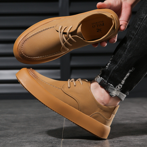 Chaussures Derby unies pour hommes en cuir PU à lacets, bout rond, semelle épaisse crème, style mocassins, décontractées, marron-gris, tailles 38-44 - Product Image 5