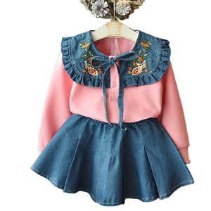 Online Shopping Ready Made Fashion Denim Long Sleeve 2 Set Kids Dress for Baby With <b>Bow</b> As New Product - Product Image 1