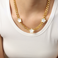 Vente en Gros Bohème Plaqué Or Acier Inoxydable Chaîne Cubaine Fleurs de Trèfle Porte-Bonheur Bracelet et Collier Pendentif pour Femme Ensemble de Bijoux