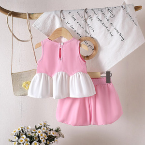 2025 da bambina senza maniche camicia rosa fiori bianchi + Bloomers 2 pezzi Set carino - Product Image 3