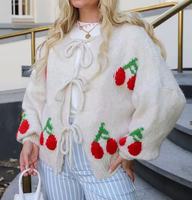 Cardigan en tricot à manches longues ample à motif jacquard cerise tendance, conçu sur mesure