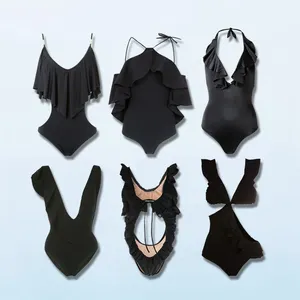 2023HL manufacture sexy beachwear swimsuit ruffled bathing suit swimwear with buckle custom black women cutout neoprene swimwear