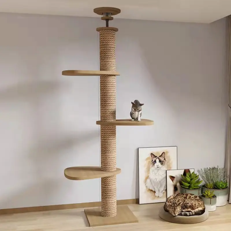 Grosir Pabrik Kayu Solid Lantai Ke Langit-langit Kucing Memanjat Platform Lompat Pohon Kucing Condo Furniture Scratch Post Pet House