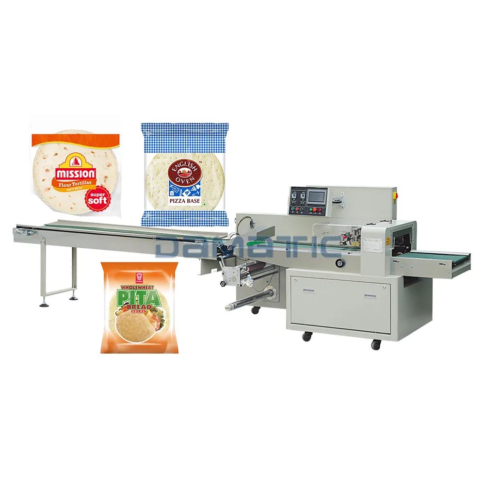 Horizontal Tortilla Pita Pain Pizza Base Oreiller Emballage Machine Flow Pack Machine Oreiller Sac Machine D'emballage