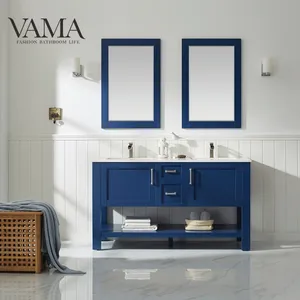 VAMA 60 بوصة أرضية خشبية صلبة حامل مزدوجة بالوعة الأزرق الحمام الغرور وحدات على الانترنت الحديثة أثاث الحمام 784060M