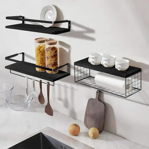 Étagères flottantes avec paniers de rangement en fil métallique, en bois et fer, style vintage farmhouse, pour cuisine, salle de bain, épices - Product Image 5