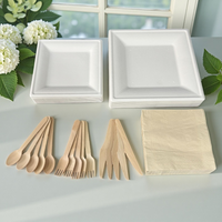 Assiettes à bagasse jetables, ensemble de 50 bols et couverts en bois avec paille pour anniversaires et fêtes, vente en gros