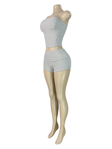 GHH12940 - Nouvelle Collection 2026 Ensemble Deux Pièces <span class=keywords><strong>Femme</strong></span> : Bustier Rayé Vertical et Short Moulant à Volants et Taille Plissée - Product Image 3