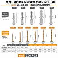 Kit d'assortiment de 206 vis pour chevilles murales en acier, vis pour panneaux de particules, chevilles murales PE, vis en acier zingué jaune, polyvalent