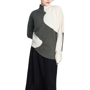 Suéteres de lana informales para mujer personalizados Colorblock Patchwork diseño cuello manga larga invierno otoño moda camisa de punto suelta - Product Image 2