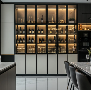 Buffet LED moderne <span class=keywords><strong>noir</strong></span> et blanc avec portes vitrées et étagères ouvertes pour salle à manger et salon - Product Image 1