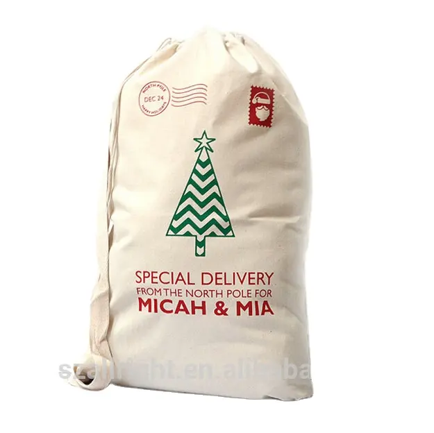 Bolsa de algodón de alta calidad personalizada, pequeña, roja, de Navidad, santa, con cordón, regalo