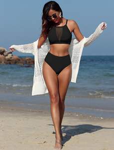 Damen High-Cut Halter Tankini Badeanzug mit Bauchkontrolle aus Spandex/Polyester, schnelltrocknend, mit gewaschenem transparentem Mesh, 2-teilig, Übergröße - Product Image 5