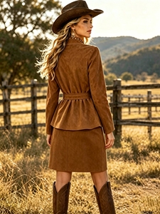 Ensemble chic pour femme, style western, deux pièces, veste cintrée à col montant et manches longues avec ceinture et jupe midi, tenue assortie pour le quotidien et la rue - Product Image 3