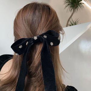 Solid Color Velvet Bow Hair Clip with Crystal Flower Design French Barrette Spring Clip for Women Party Use - Product Image 3