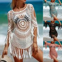 Vrouwen gehaakte breiwerk holle kwast bikini cover-up sexy doorschijnende zomer strand zonnebescherming omslagdoek